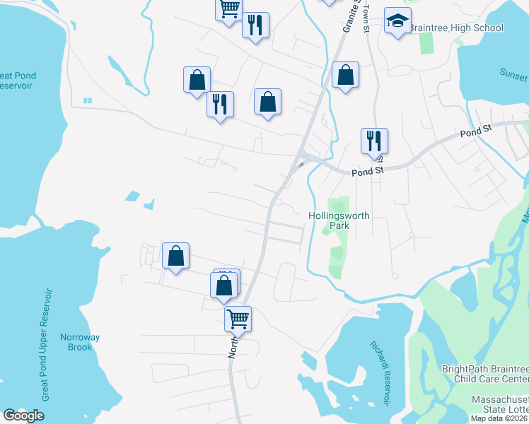 map of restaurants, bars, coffee shops, grocery stores, and more near 483 Pond Street in Braintree