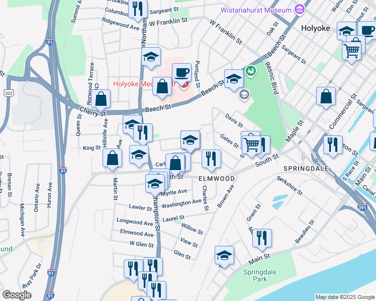 map of restaurants, bars, coffee shops, grocery stores, and more near 90 Wedgewood Terrace in Holyoke