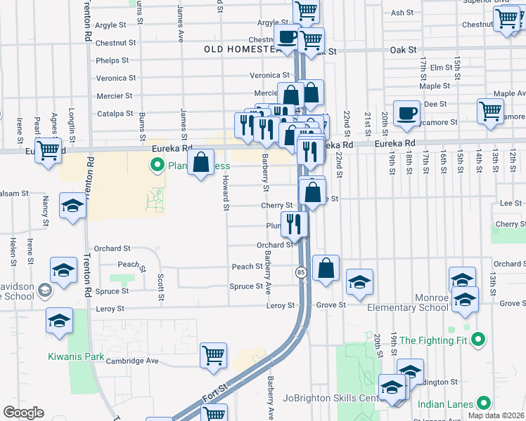 map of restaurants, bars, coffee shops, grocery stores, and more near 13013 Cherry Street in Southgate