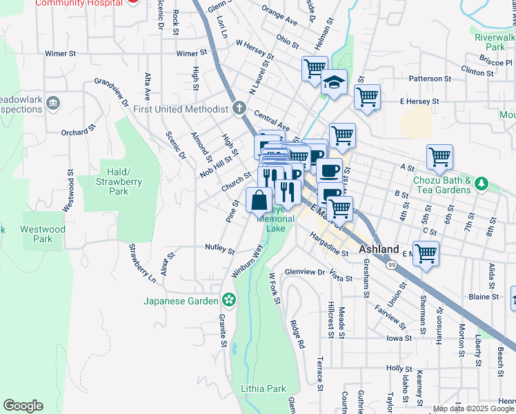 map of restaurants, bars, coffee shops, grocery stores, and more near 52 Granite Street in Ashland