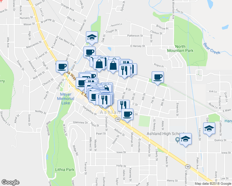 map of restaurants, bars, coffee shops, grocery stores, and more near 142 3rd Street in Ashland