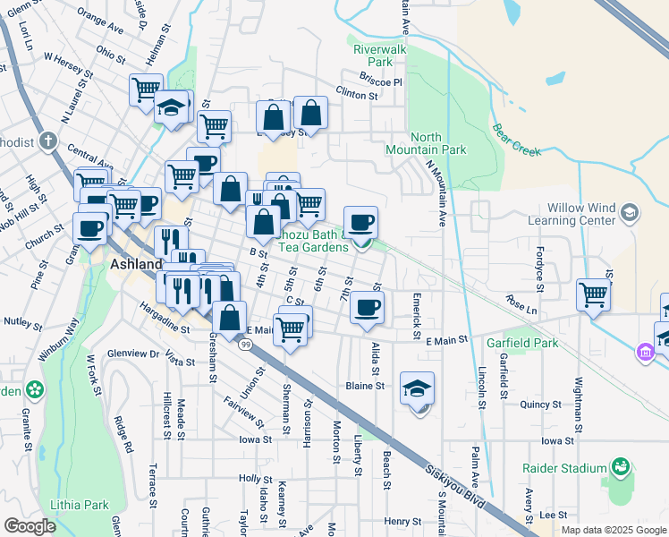 map of restaurants, bars, coffee shops, grocery stores, and more near 743 B Street in Ashland