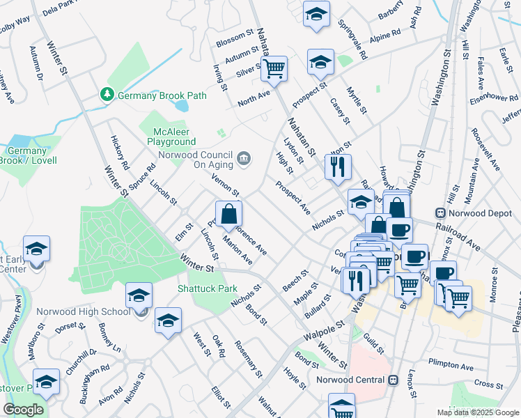 map of restaurants, bars, coffee shops, grocery stores, and more near 205 Vernon Street in Norwood