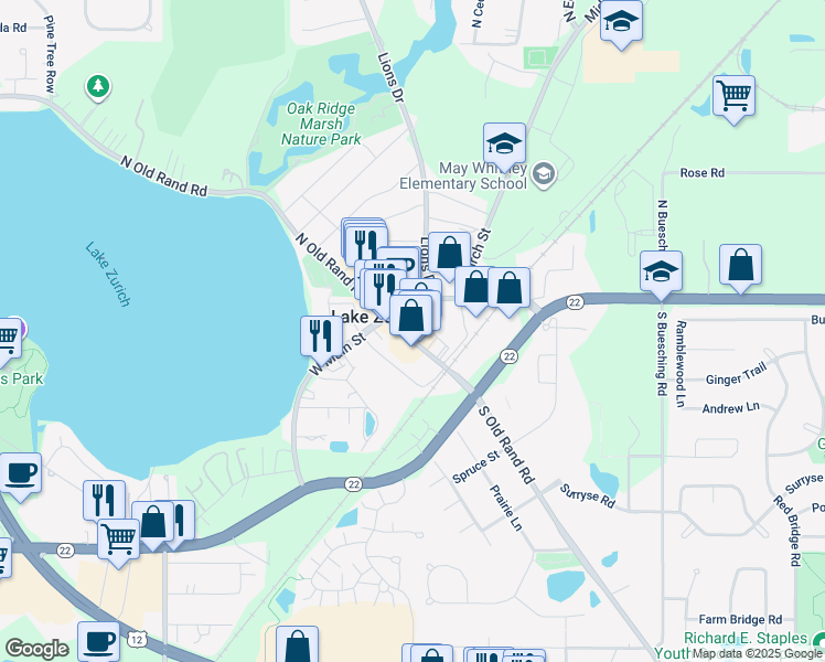 map of restaurants, bars, coffee shops, grocery stores, and more near 36 South Old Rand Road in Lake Zurich