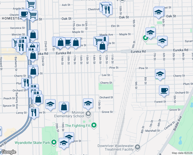 map of restaurants, bars, coffee shops, grocery stores, and more near 3539 14th Street in Wyandotte