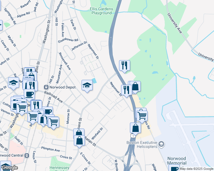 map of restaurants, bars, coffee shops, grocery stores, and more near 20 Pleasant Street in Norwood