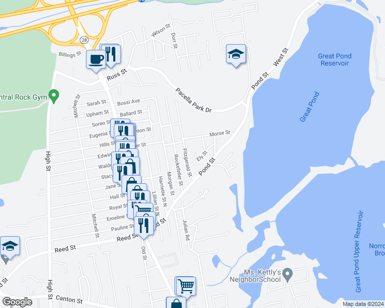 map of restaurants, bars, coffee shops, grocery stores, and more near 4 Lawson Street in Randolph