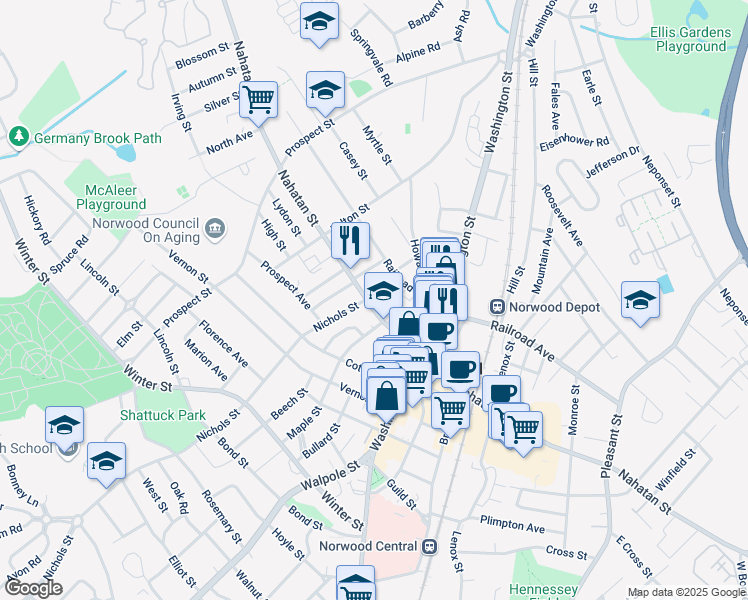 map of restaurants, bars, coffee shops, grocery stores, and more near 265 Nahatan Street in Norwood