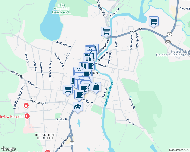 map of restaurants, bars, coffee shops, grocery stores, and more near 213 Main Street in Great Barrington