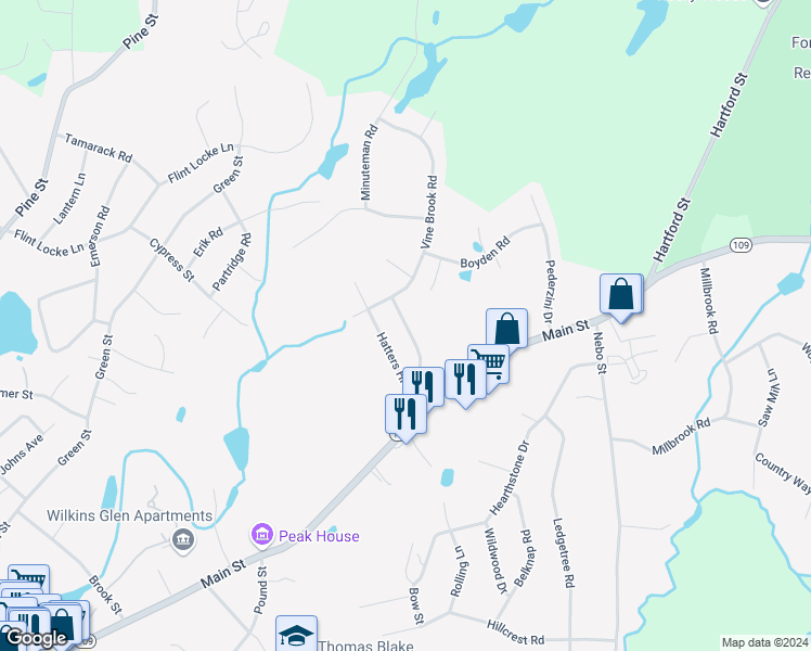 map of restaurants, bars, coffee shops, grocery stores, and more near 24 Cheney Pond Road in Medfield