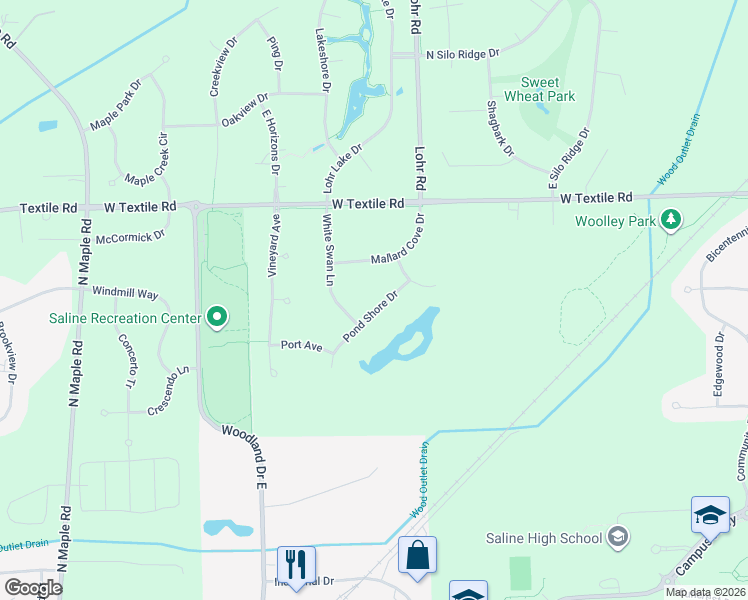 map of restaurants, bars, coffee shops, grocery stores, and more near 1642 Pond Shore Drive in Ann Arbor