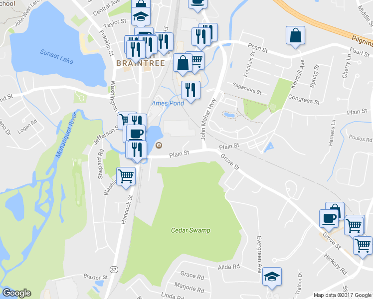 map of restaurants, bars, coffee shops, grocery stores, and more near 80 Plain Street in Braintree