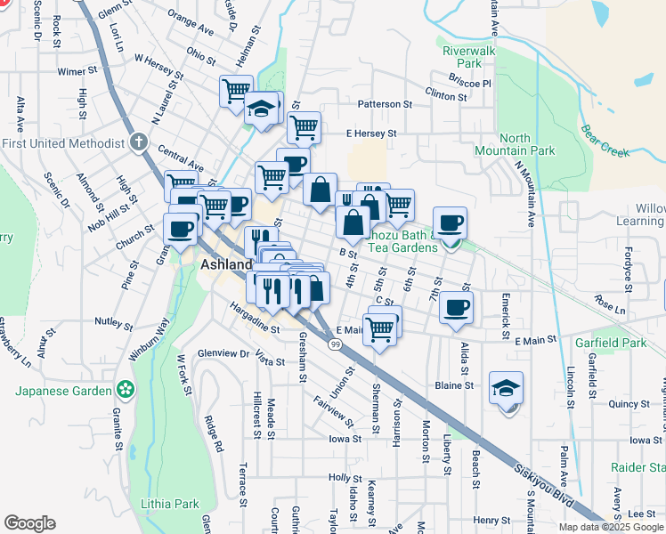 map of restaurants, bars, coffee shops, grocery stores, and more near 142 3rd Street in Ashland
