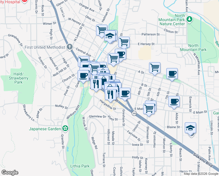 map of restaurants, bars, coffee shops, grocery stores, and more near 33 North 1st Street in Ashland