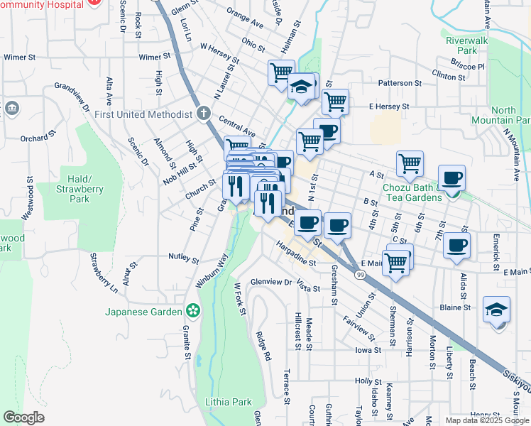map of restaurants, bars, coffee shops, grocery stores, and more near 50 East Main Street in Ashland