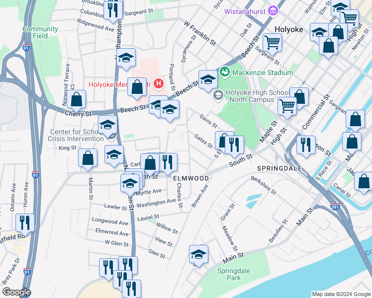 map of restaurants, bars, coffee shops, grocery stores, and more near 9-11 Quirk Avenue in Holyoke