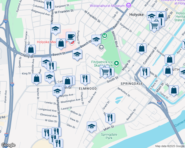 map of restaurants, bars, coffee shops, grocery stores, and more near 75 Congress Avenue in Holyoke
