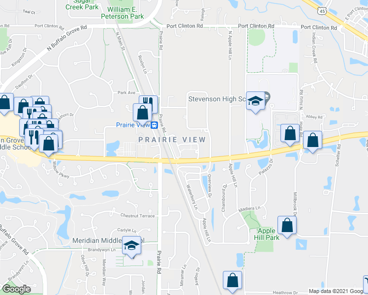 map of restaurants, bars, coffee shops, grocery stores, and more near 207 Taylor Court in Buffalo Grove