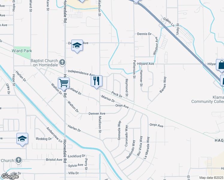 map of restaurants, bars, coffee shops, grocery stores, and more near 3308 Caroline Street in Klamath Falls