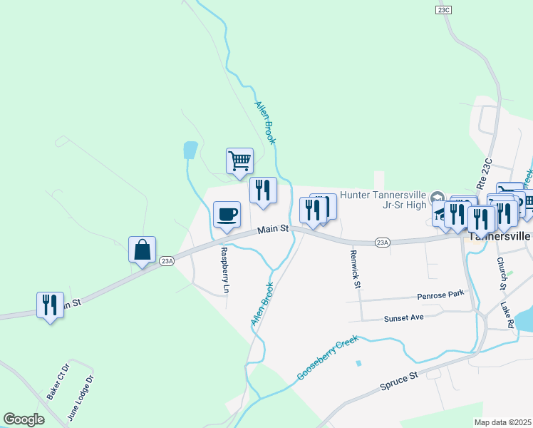 map of restaurants, bars, coffee shops, grocery stores, and more near 6302 Main Street in Tannersville