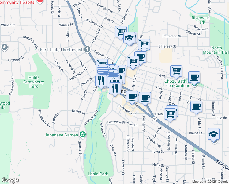 map of restaurants, bars, coffee shops, grocery stores, and more near 70 East Main Street in Ashland