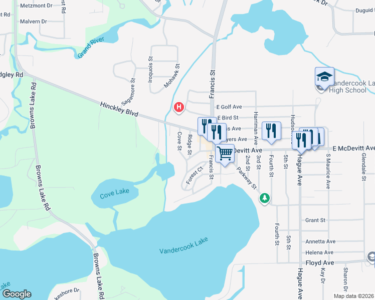 map of restaurants, bars, coffee shops, grocery stores, and more near 108 Ridge Street in Jackson