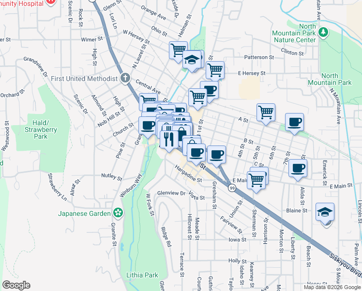 map of restaurants, bars, coffee shops, grocery stores, and more near in Ashland