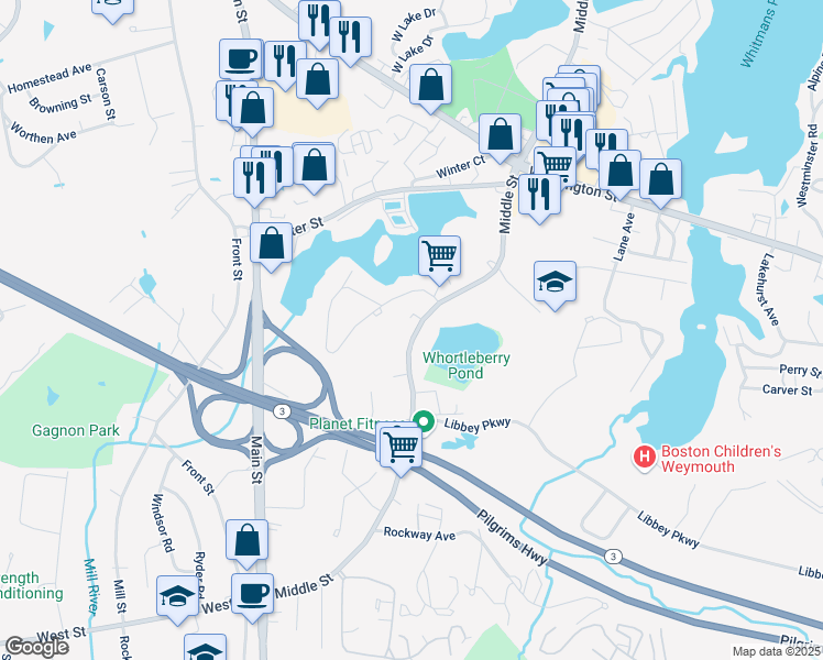 map of restaurants, bars, coffee shops, grocery stores, and more near 861 Middle Street in Weymouth
