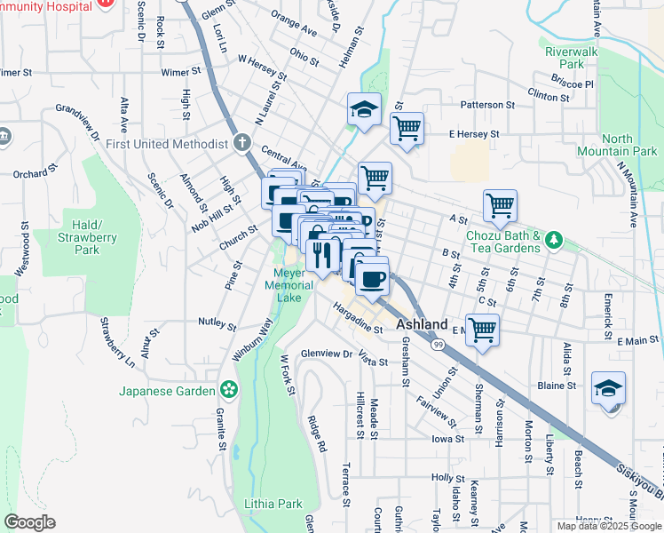 map of restaurants, bars, coffee shops, grocery stores, and more near 102 East Main Street in Ashland