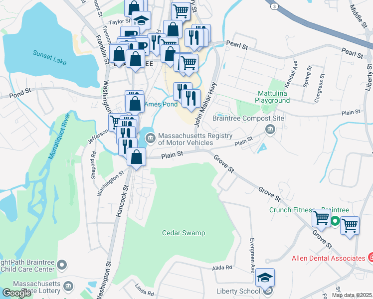 map of restaurants, bars, coffee shops, grocery stores, and more near 94 Plain Street in Braintree