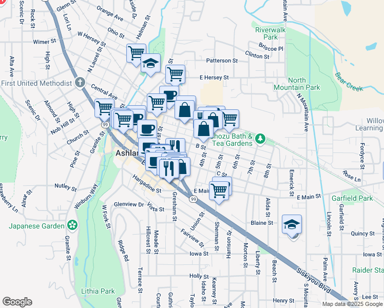 map of restaurants, bars, coffee shops, grocery stores, and more near 142 3rd Street in Ashland