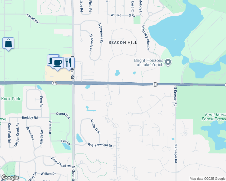 map of restaurants, bars, coffee shops, grocery stores, and more near 22926 North Foxtail Drive in Kildeer