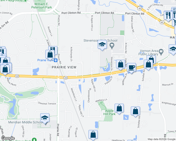 map of restaurants, bars, coffee shops, grocery stores, and more near 22960 North Apple Hill Lane in Lincolnshire