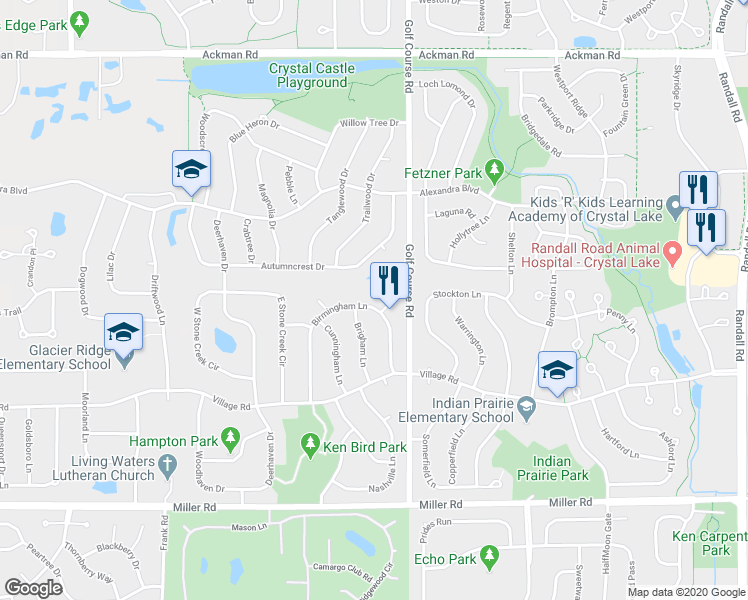 map of restaurants, bars, coffee shops, grocery stores, and more near 1586 Birmingham Lane in Crystal Lake