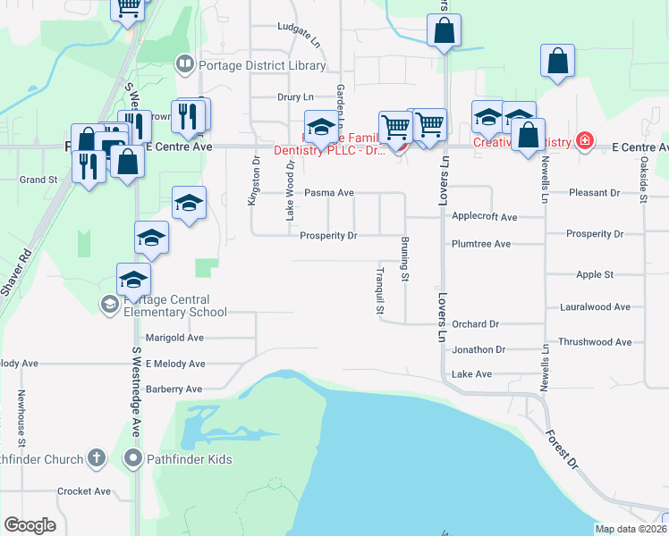 map of restaurants, bars, coffee shops, grocery stores, and more near 904 Shumway Avenue in Portage