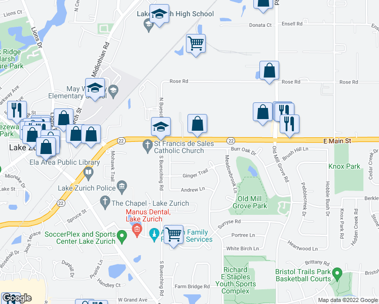 map of restaurants, bars, coffee shops, grocery stores, and more near 535 Burr Oak Drive in Lake Zurich