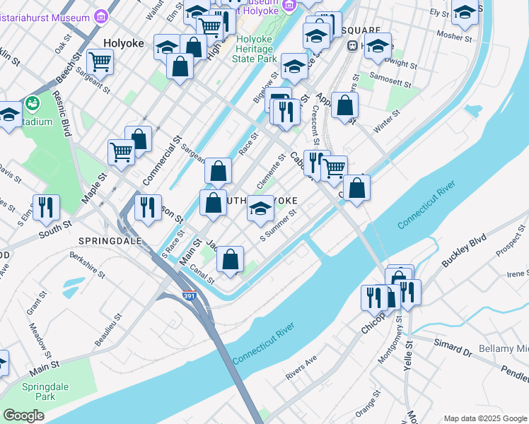 map of restaurants, bars, coffee shops, grocery stores, and more near South Bridge Street in Holyoke