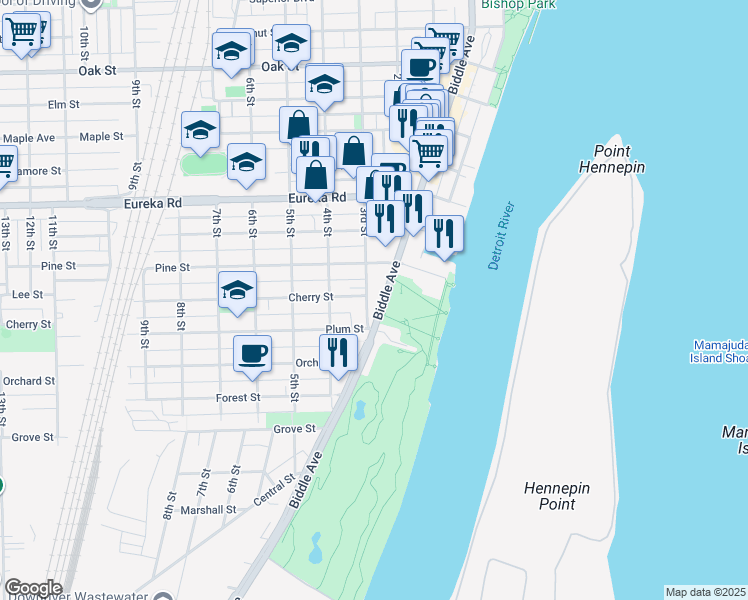 map of restaurants, bars, coffee shops, grocery stores, and more near 3640 Biddle Avenue in Wyandotte