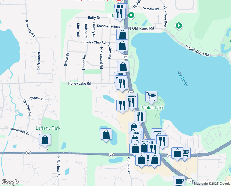 map of restaurants, bars, coffee shops, grocery stores, and more near 154 Tyler Court in Lake Zurich
