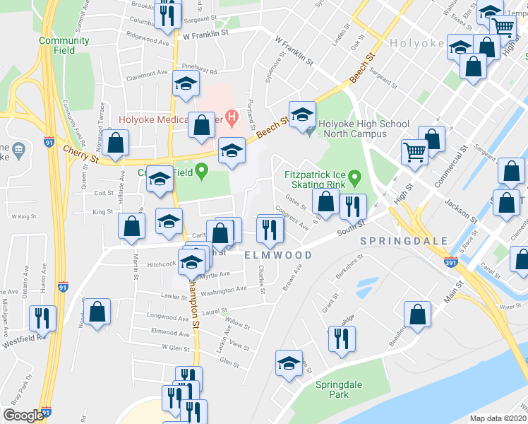 map of restaurants, bars, coffee shops, grocery stores, and more near 9-11 Quirk Avenue in Holyoke