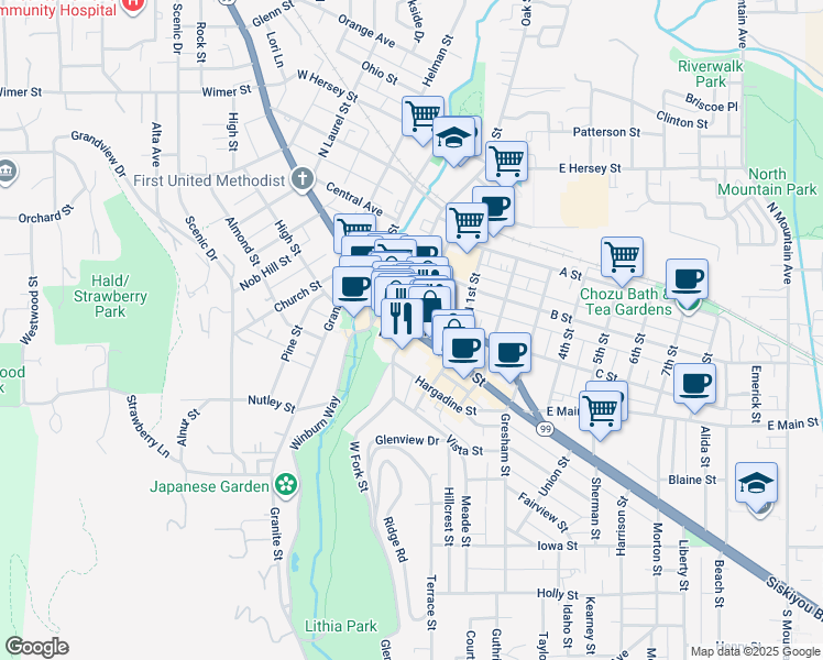map of restaurants, bars, coffee shops, grocery stores, and more near 102 East Main Street in Ashland