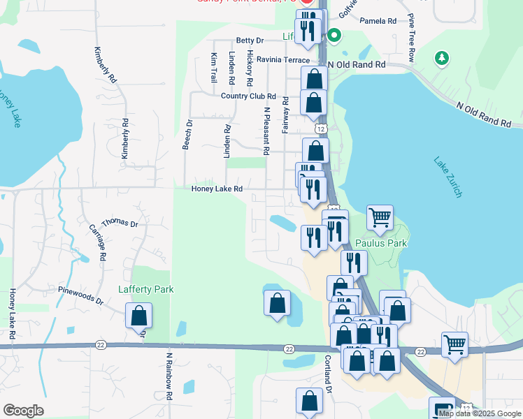 map of restaurants, bars, coffee shops, grocery stores, and more near 1195 Hunters Lane in Lake Zurich