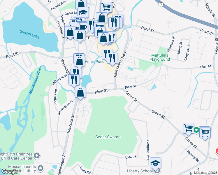 map of restaurants, bars, coffee shops, grocery stores, and more near 80 Plain Street in Braintree