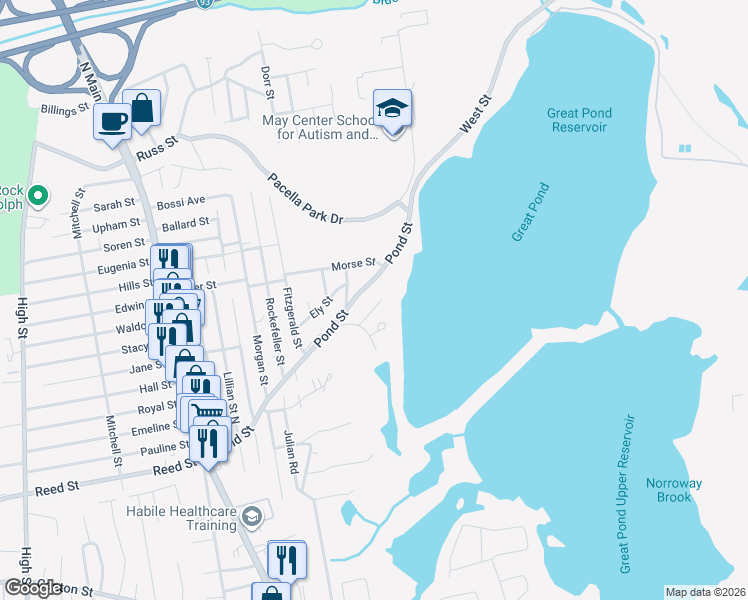 map of restaurants, bars, coffee shops, grocery stores, and more near 8 Moores Avenue in Randolph
