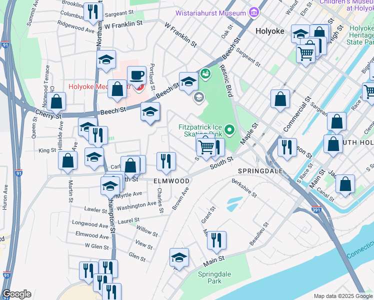map of restaurants, bars, coffee shops, grocery stores, and more near 75 Congress Avenue in Holyoke