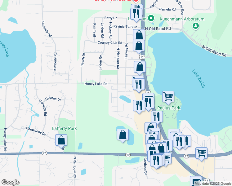 map of restaurants, bars, coffee shops, grocery stores, and more near 1195 Hunters Lane in Lake Zurich