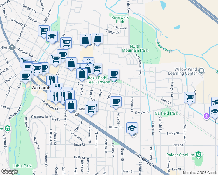 map of restaurants, bars, coffee shops, grocery stores, and more near 743 B Street in Ashland