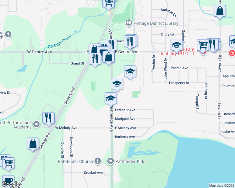 map of restaurants, bars, coffee shops, grocery stores, and more near 8305 South Westnedge Avenue in Portage