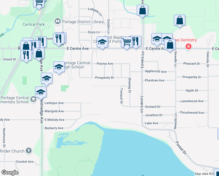 map of restaurants, bars, coffee shops, grocery stores, and more near 904 Shumway Avenue in Portage