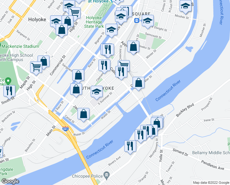 map of restaurants, bars, coffee shops, grocery stores, and more near 13 Hamilton Street in Holyoke